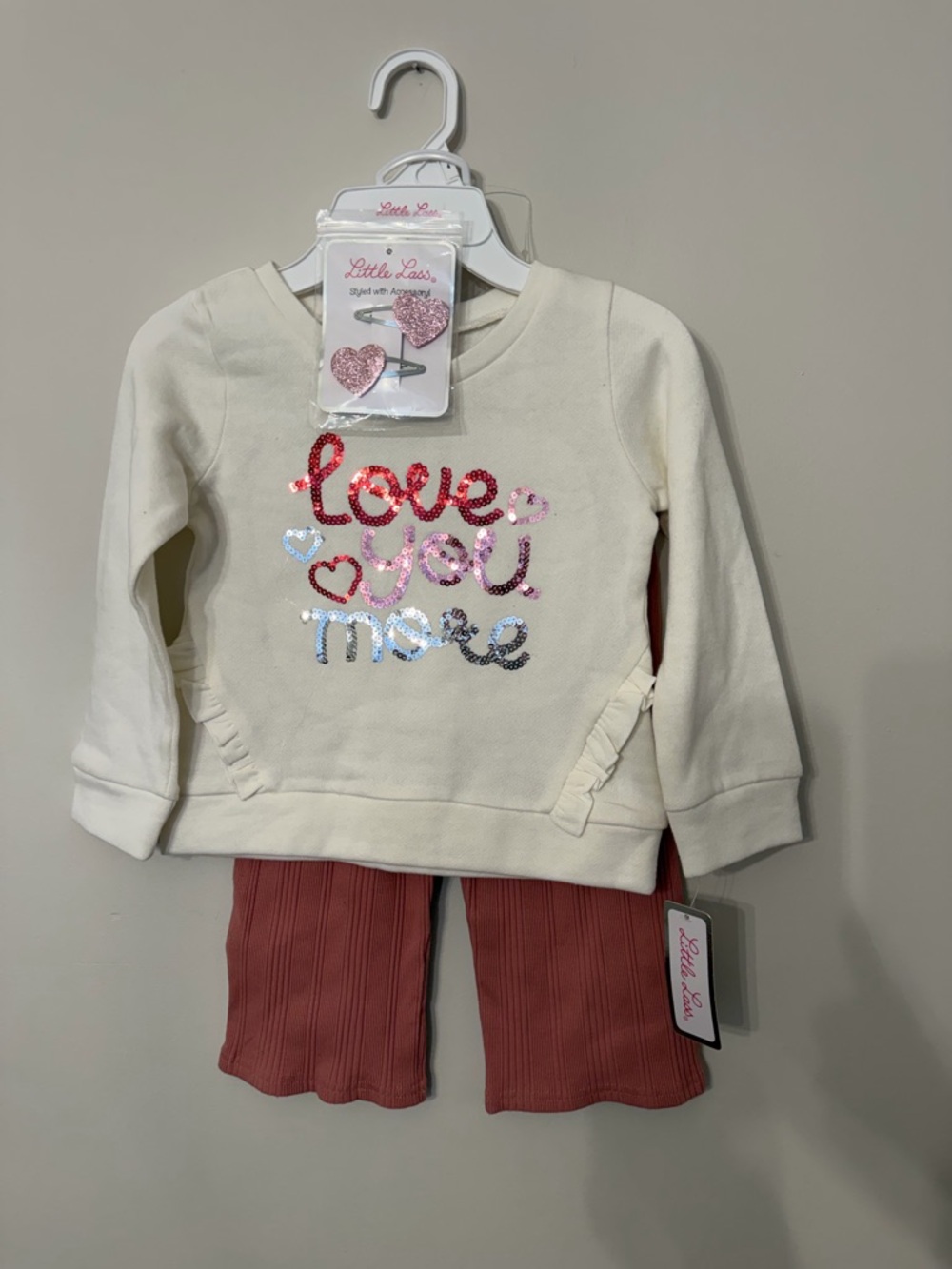Little Lass "Love You More" Cream Sequin Sweatshirt & Pink Ribbed wide leg Set